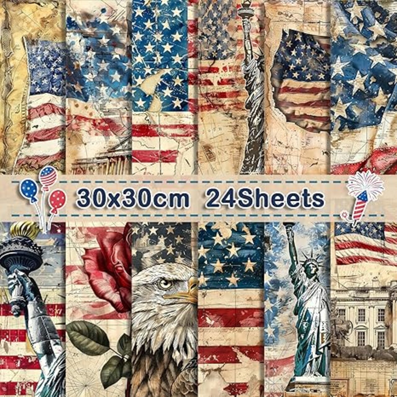 24 Sheets Retro Patriotic Scrapbook Paper, 11.8x11.8'' Red Blue Stars Stripes Patterns Decorative Craft Paper Folded Flat for 4th of July Card Making Veteran's Day Photo Album Decor (D)